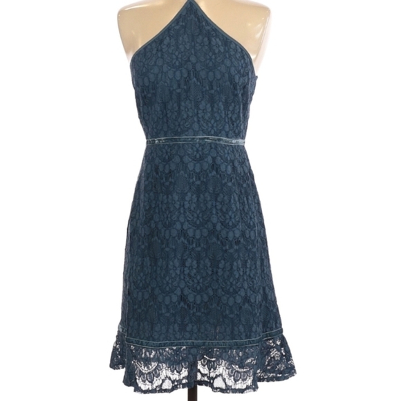 Chelsea 28 Teal Blue Lace Fit and Flare Halter Dress - Picture 3 of 8